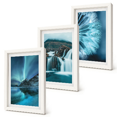 Conjunto de molduras com imagens Paisagens de inverno com cachoeiras e aurora boreal.