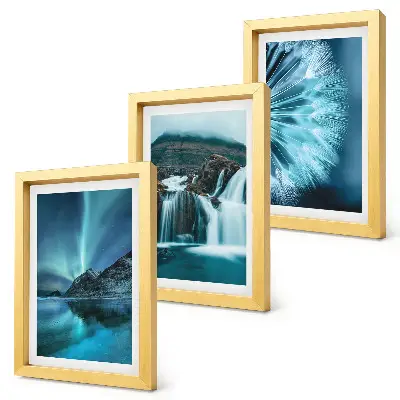 Conjunto de molduras com imagens de paisagens de inverno com cachoeiras e aurora boreal