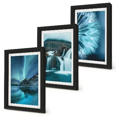Conjunto de molduras com imagens de paisagens de inverno com cachoeiras e aurora boreal