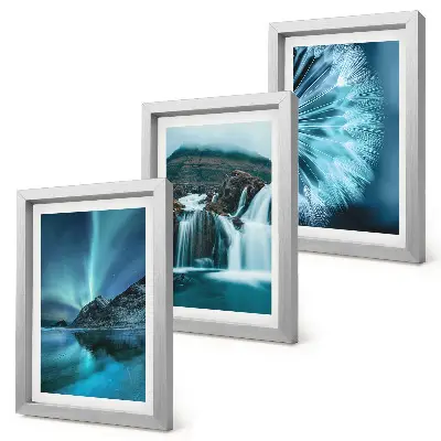Conjunto de molduras com imagens de paisagens de inverno com cachoeiras e aurora boreal