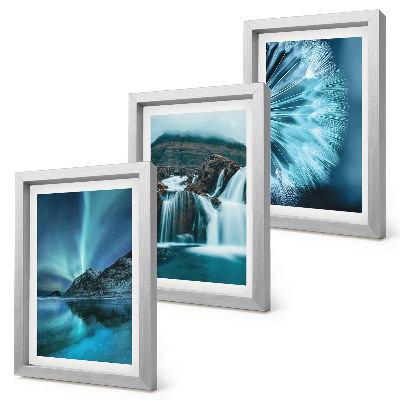 Conjunto de molduras com imagens Paisagens de inverno com cachoeiras e aurora boreal.
