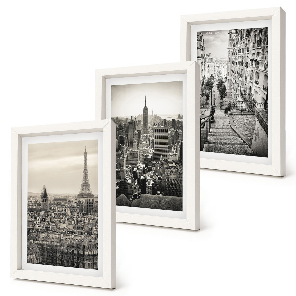 Conjunto de 3 quadros decorativos Vistas da cidade de Paris e Nova York, e escadarias encantadoras.