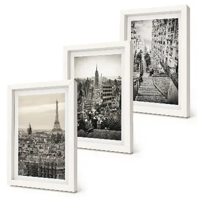 Conjunto de 3 quadros decorativos com vistas das cidades de Paris e Nova York e escadarias encantadoras
