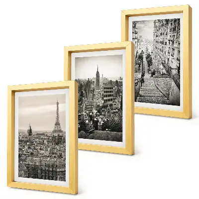Conjunto de 3 quadros decorativos com vistas das cidades de Paris e Nova York e escadarias encantadoras