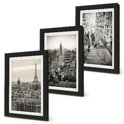 Conjunto de 3 quadros decorativos Vistas da cidade de Paris e Nova York, e escadarias encantadoras.