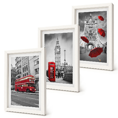 Conjunto de 3 quadros decorativos Detalhes em vermelho e edifícios famosos de Londres