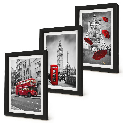 Conjunto de 3 quadros decorativos Detalhes em vermelho e edifícios famosos de Londres