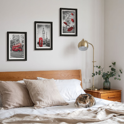 Conjunto de 3 quadros decorativos Detalhes em vermelho e edifícios famosos de Londres