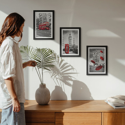 Conjunto de 3 quadros decorativos Detalhes em vermelho e edifícios famosos de Londres