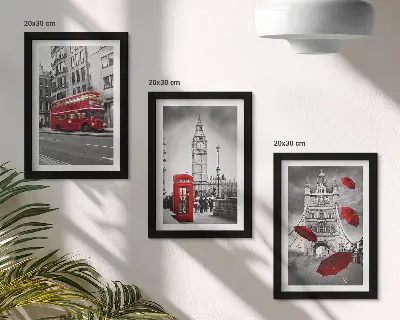 Conjunto de 3 quadros decorativos com detalhes em vermelho e edifícios famosos de Londres
