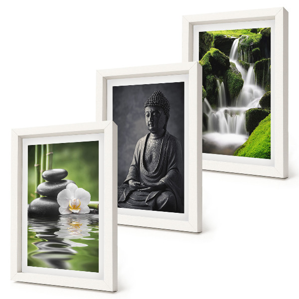 Tríptico com moldura Pinturas zen relaxantes com água, pedras e Buda.