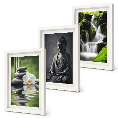 Tríptico com moldura Pinturas zen relaxantes com água, pedras e Buda.