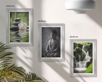 Tríptico com moldura Pinturas zen relaxantes com água, pedras e Buda.