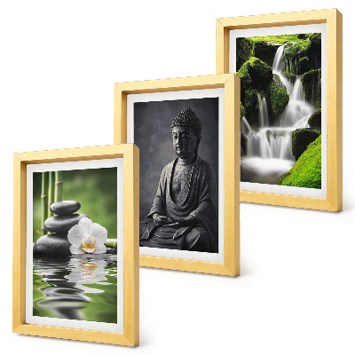 Tríptico com moldura Pinturas zen relaxantes com água, pedras e Buda.