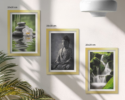 Tríptico com moldura Pinturas zen relaxantes com água, pedras e Buda.