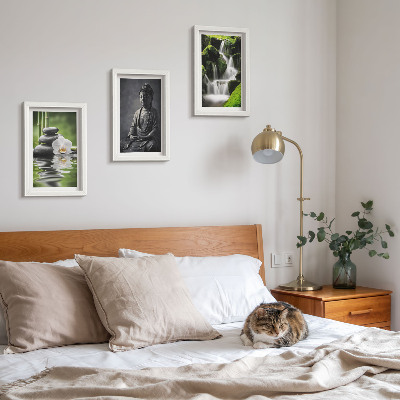Tríptico com moldura Pinturas zen relaxantes com água, pedras e Buda.