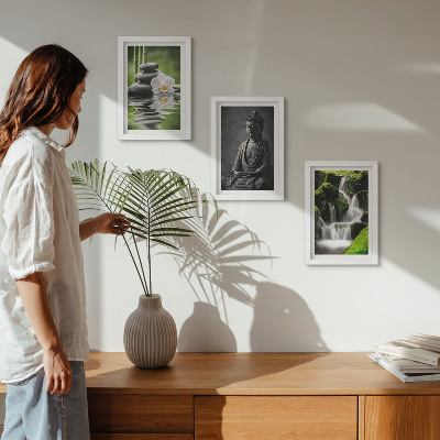 Tríptico com moldura Pinturas zen relaxantes com água, pedras e Buda.