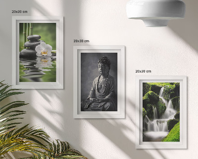 Tríptico com moldura Pinturas zen relaxantes com água, pedras e Buda.