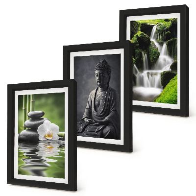 Tríptico com moldura Pinturas zen relaxantes com água, pedras e Buda.