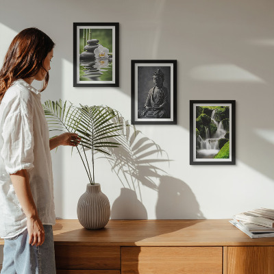 Tríptico com moldura Pinturas zen relaxantes com água, pedras e Buda.