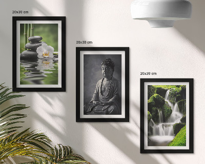 Tríptico com moldura Pinturas zen relaxantes com água, pedras e Buda.