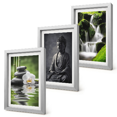 Tríptico com moldura Pinturas zen relaxantes com água, pedras e Buda.