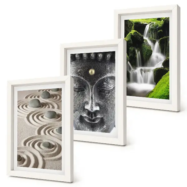 Conjunto de 3 quadros decorativos com estampa de natureza, pedras, cachoeira e Buda