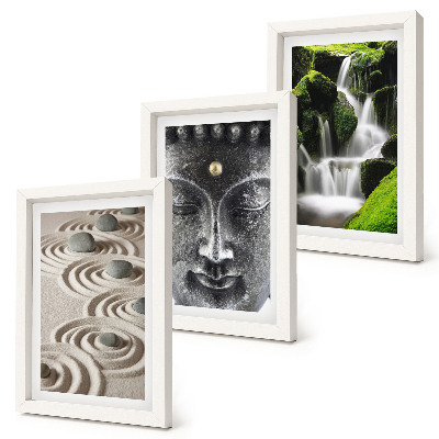 Conjunto de 3 quadros decorativos A paz da natureza com pedras, uma cachoeira e Buda.