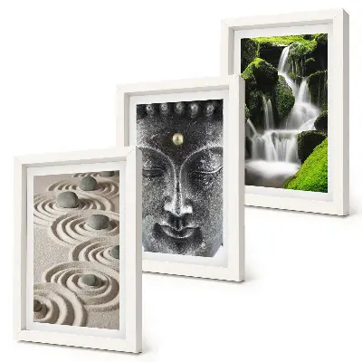 Conjunto de 3 quadros decorativos com estampa de natureza, pedras, cachoeira e Buda