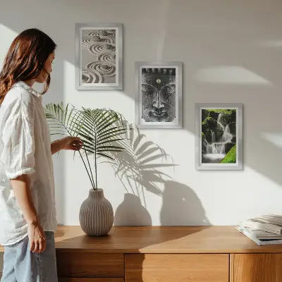 Conjunto de 3 quadros decorativos com estampa de natureza, pedras, cachoeira e Buda