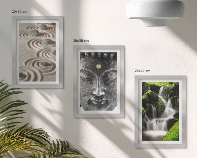 Conjunto de 3 quadros decorativos A paz da natureza com pedras, uma cachoeira e Buda.