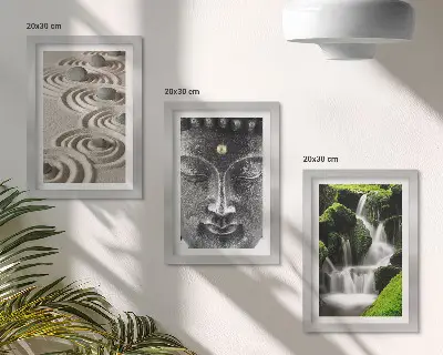 Conjunto de 3 quadros decorativos com estampa de natureza, pedras, cachoeira e Buda