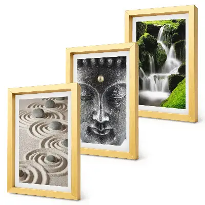 Conjunto de 3 quadros decorativos com estampa de natureza, pedras, cachoeira e Buda