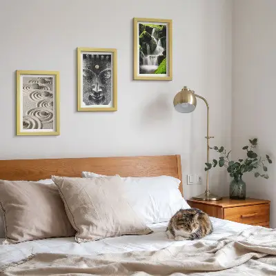 Conjunto de 3 quadros decorativos com estampa de natureza, pedras, cachoeira e Buda