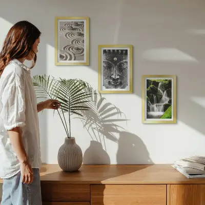 Conjunto de 3 quadros decorativos com estampa de natureza, pedras, cachoeira e Buda