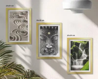 Conjunto de 3 quadros decorativos com estampa de natureza, pedras, cachoeira e Buda