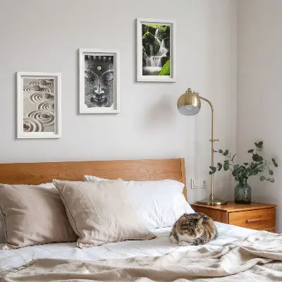 Conjunto de 3 quadros decorativos com estampa de natureza, pedras, cachoeira e Buda