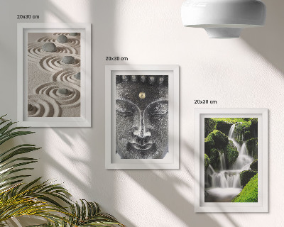 Conjunto de 3 quadros decorativos A paz da natureza com pedras, uma cachoeira e Buda.