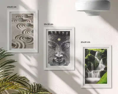 Conjunto de 3 quadros decorativos com estampa de natureza, pedras, cachoeira e Buda