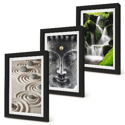 Conjunto de 3 quadros decorativos A paz da natureza com pedras, uma cachoeira e Buda.