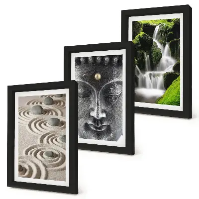 Conjunto de 3 quadros decorativos com estampa de natureza, pedras, cachoeira e Buda