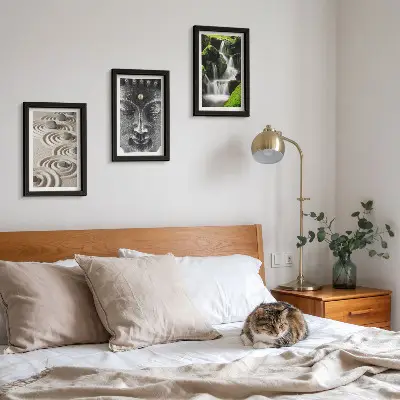 Conjunto de 3 quadros decorativos com estampa de natureza, pedras, cachoeira e Buda