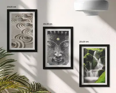 Conjunto de 3 quadros decorativos com estampa de natureza, pedras, cachoeira e Buda