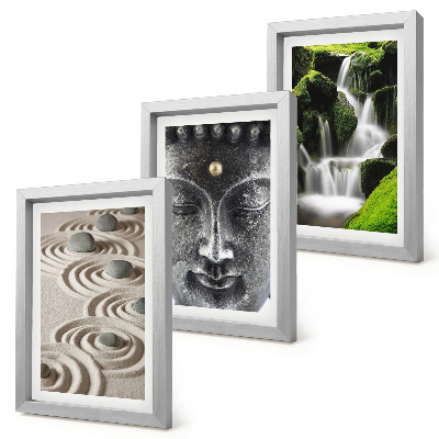 Conjunto de 3 quadros decorativos A paz da natureza com pedras, uma cachoeira e Buda.