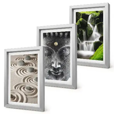 Conjunto de 3 quadros decorativos com estampa de natureza, pedras, cachoeira e Buda
