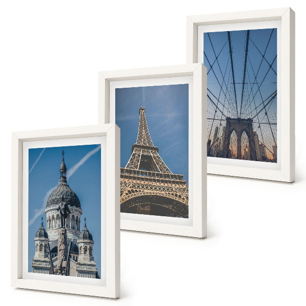 Conjunto de molduras com imagens Vistas de edifícios famosos de várias cidades ao redor do mundo.