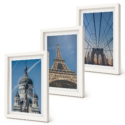 Conjunto de molduras com imagens Vistas de edifícios famosos de várias cidades ao redor do mundo.