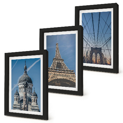 Conjunto de molduras com imagens Vistas de edifícios famosos de várias cidades ao redor do mundo.