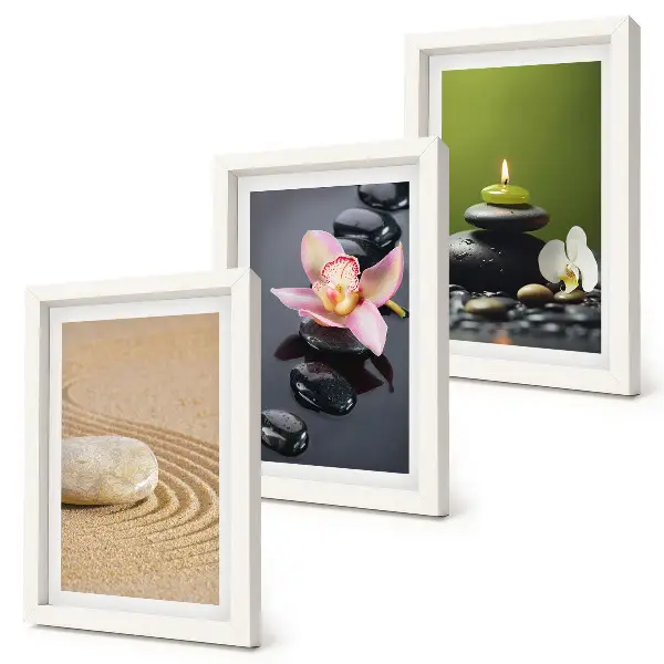 Tríptico com moldura motivos zen e pedras relaxantes