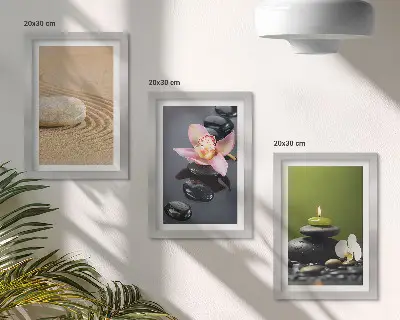 Tríptico com moldura motivos zen e pedras relaxantes